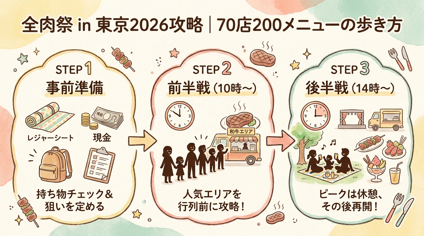 全肉祭 in 東京2026攻略｜70店200メニューの歩き方 インフォグラフィック
