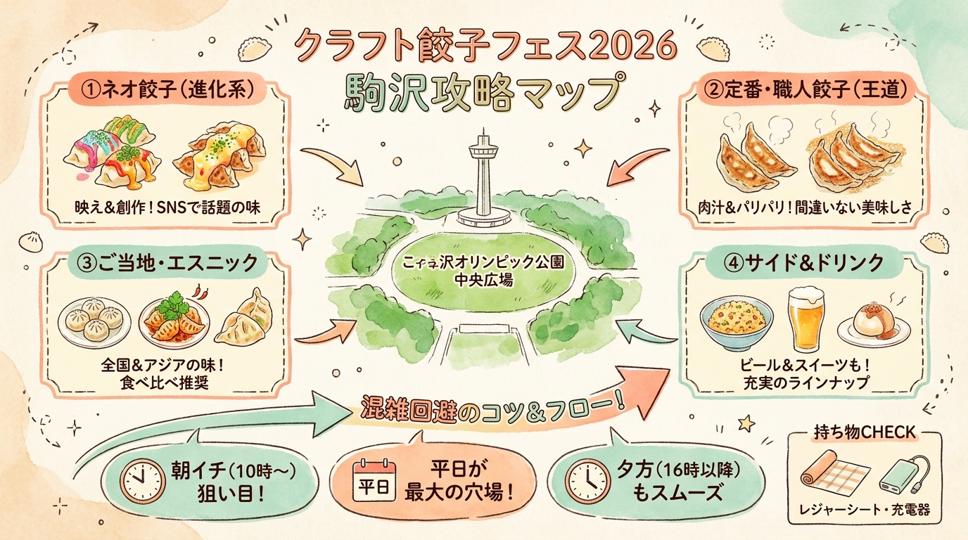 クラフト餃子フェス2026駒沢攻略|全メニューと混雑回避のコツ インフォグラフィック