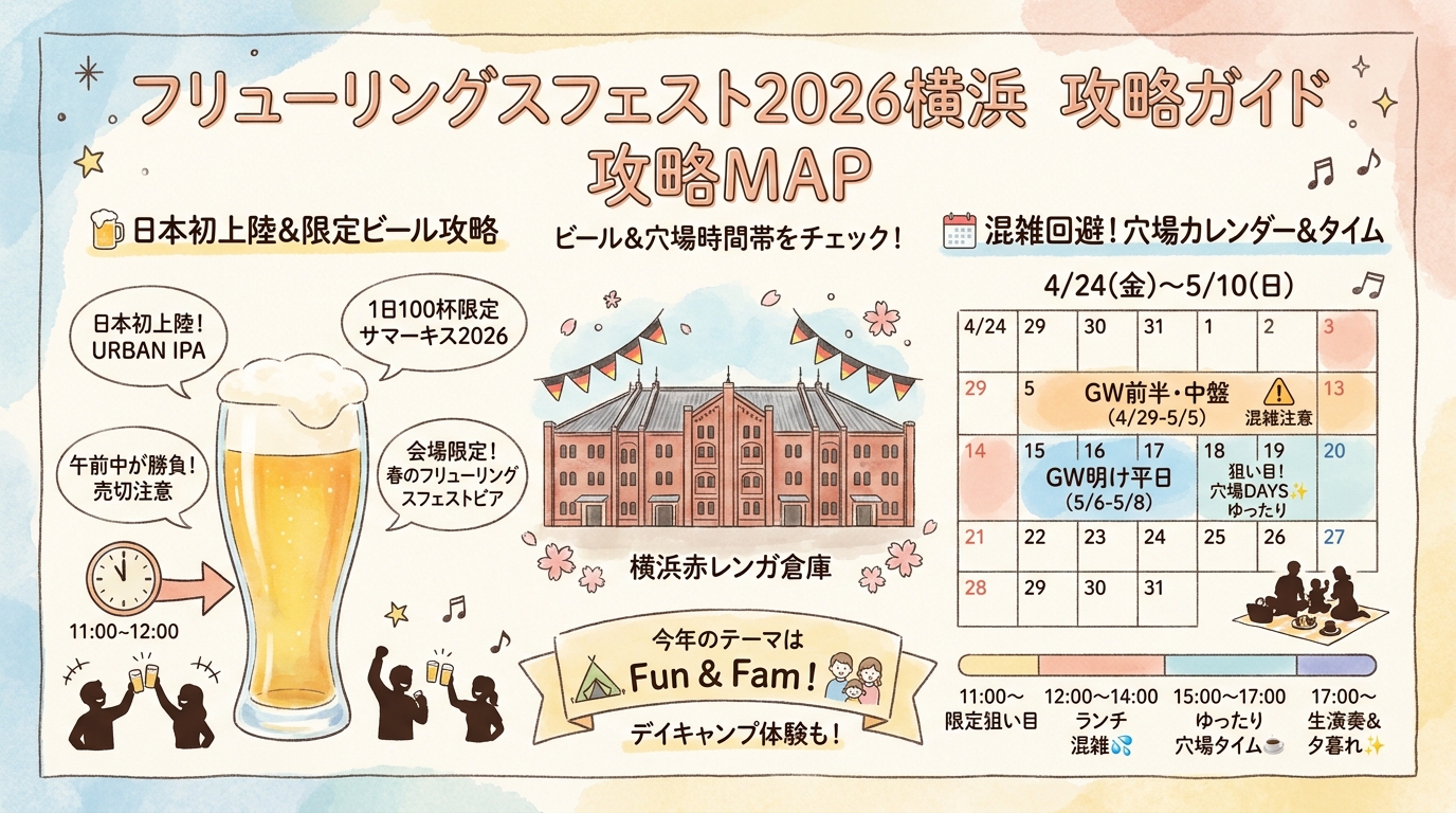 フリューリングスフェスト2026横浜攻略|ビール銘柄と穴場時間帯 インフォグラフィック