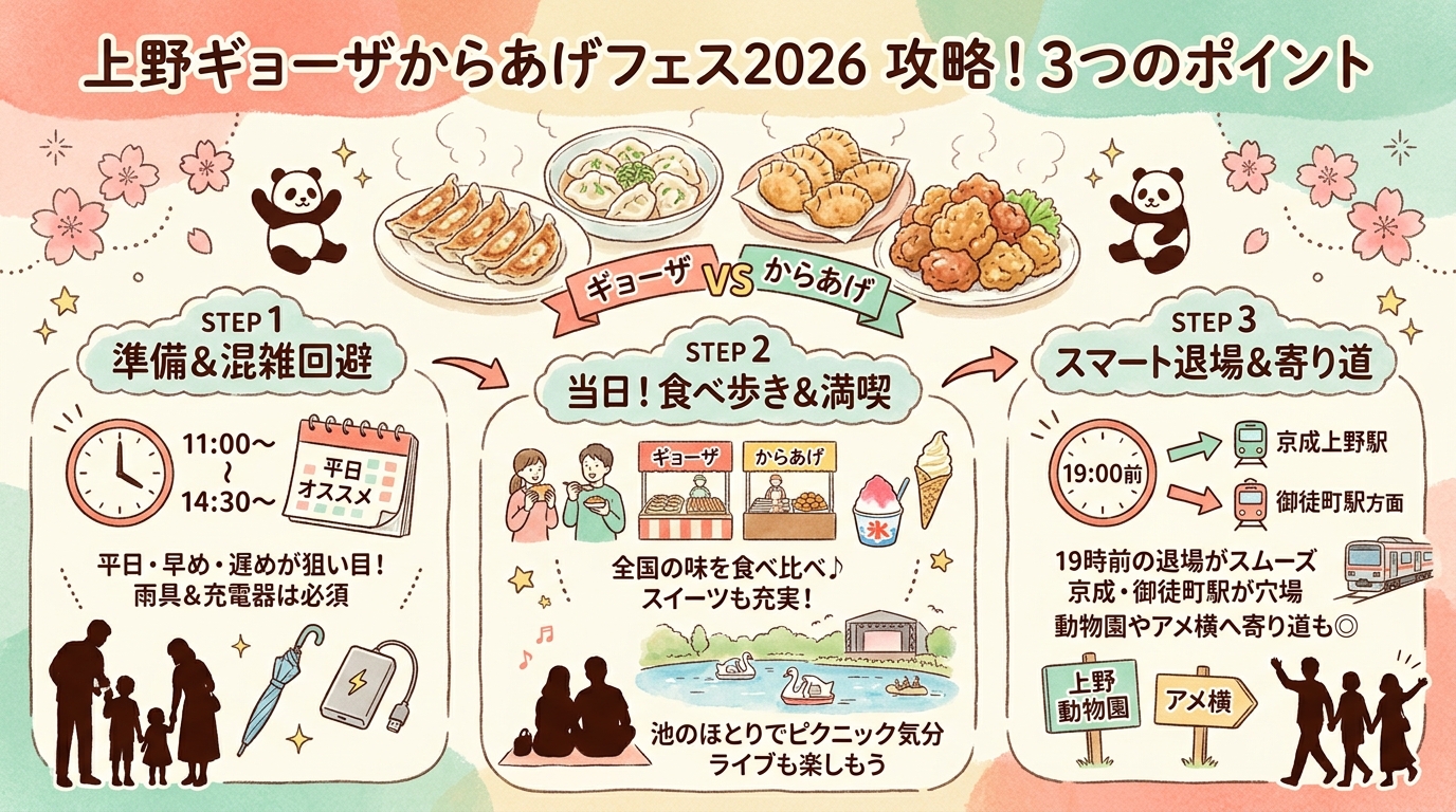 ふるさと東京応援祭2026攻略|上野ギョーザからあげフェス インフォグラフィック