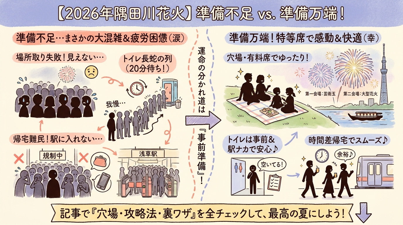 【2026年版】隅田川花火大会 完全ガイド｜日程・穴場・アクセス・屋台情報 インフォグラフィック