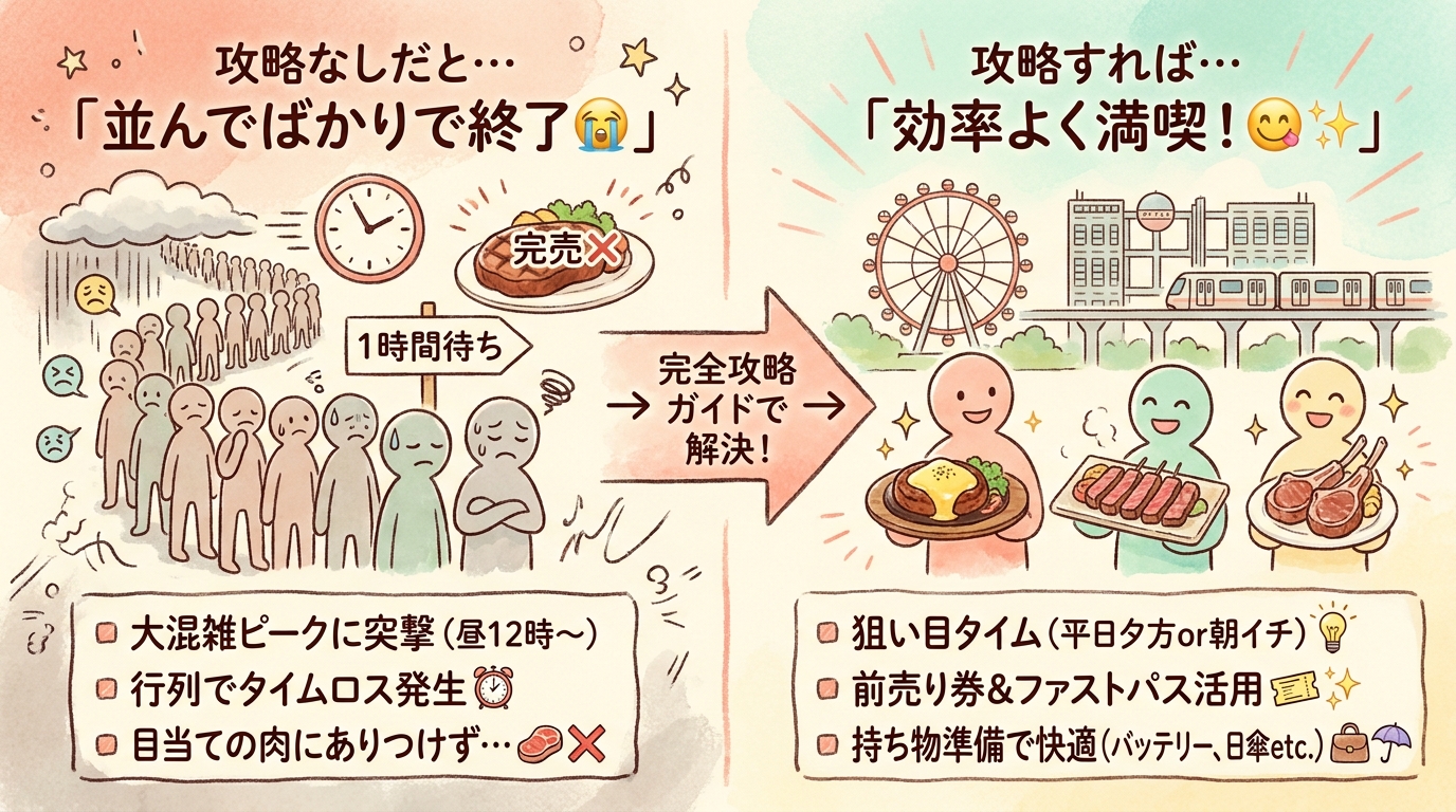 肉フェス2026お台場完全攻略|混雑回避と持ち物ガイド インフォグラフィック
