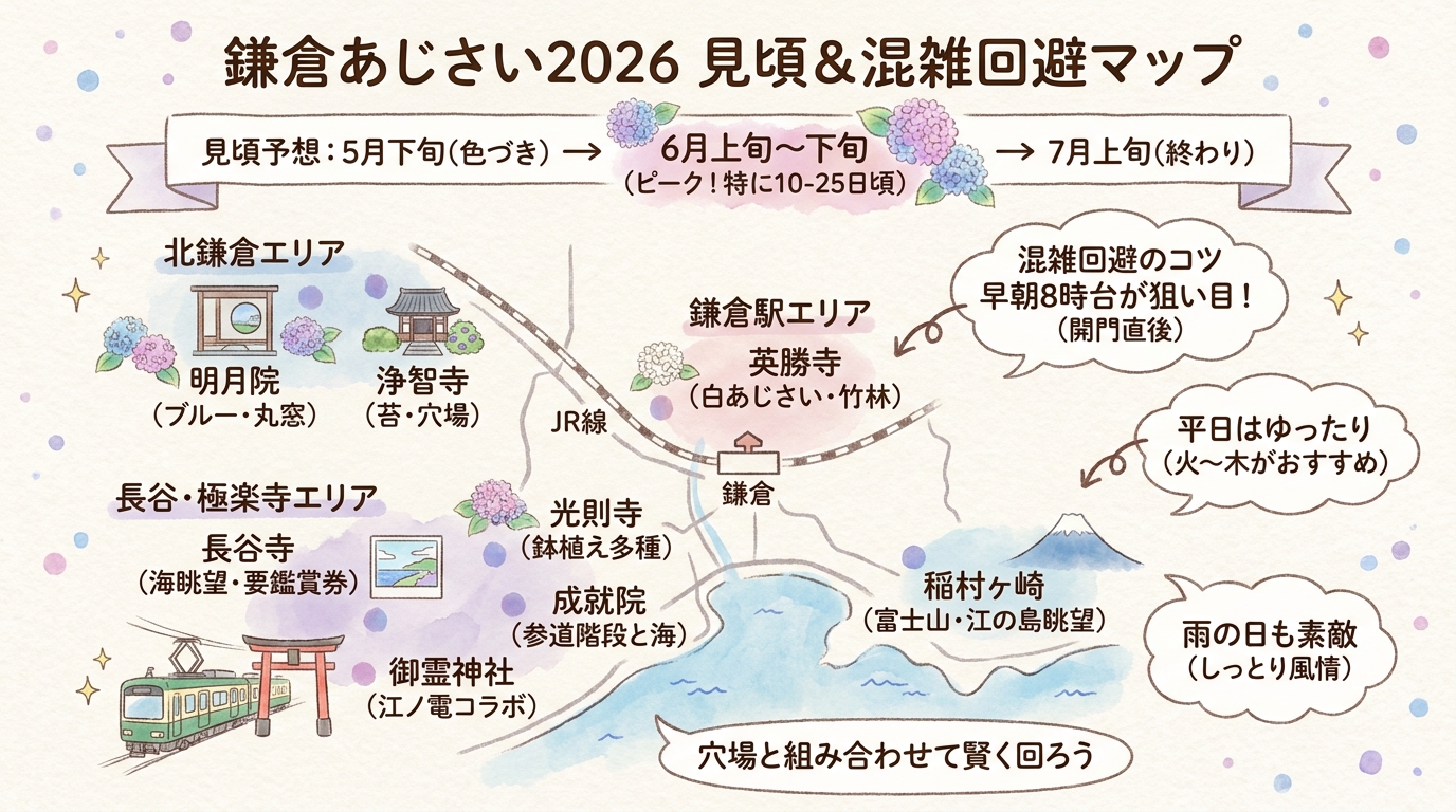 鎌倉あじさい2026見頃と穴場|混雑回避の完全ガイド インフォグラフィック