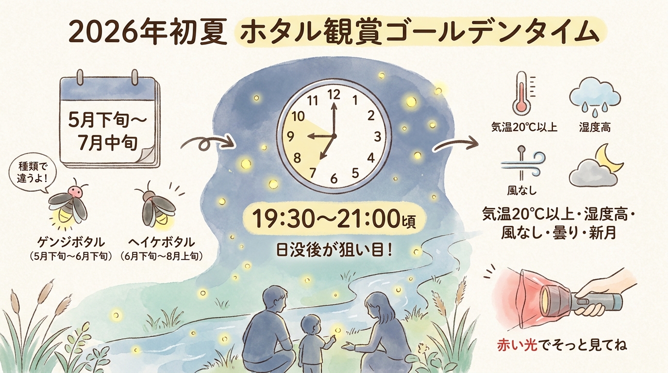 東京近郊ホタル観賞2026|見頃と時間帯ガイド インフォグラフィック