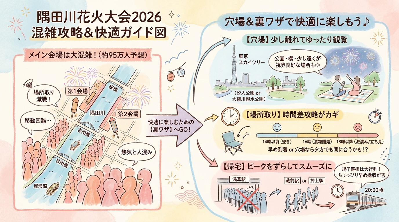 隅田川花火大会2026穴場スポット12選|混雑回避の裏ワザと場所取りガイド インフォグラフィック