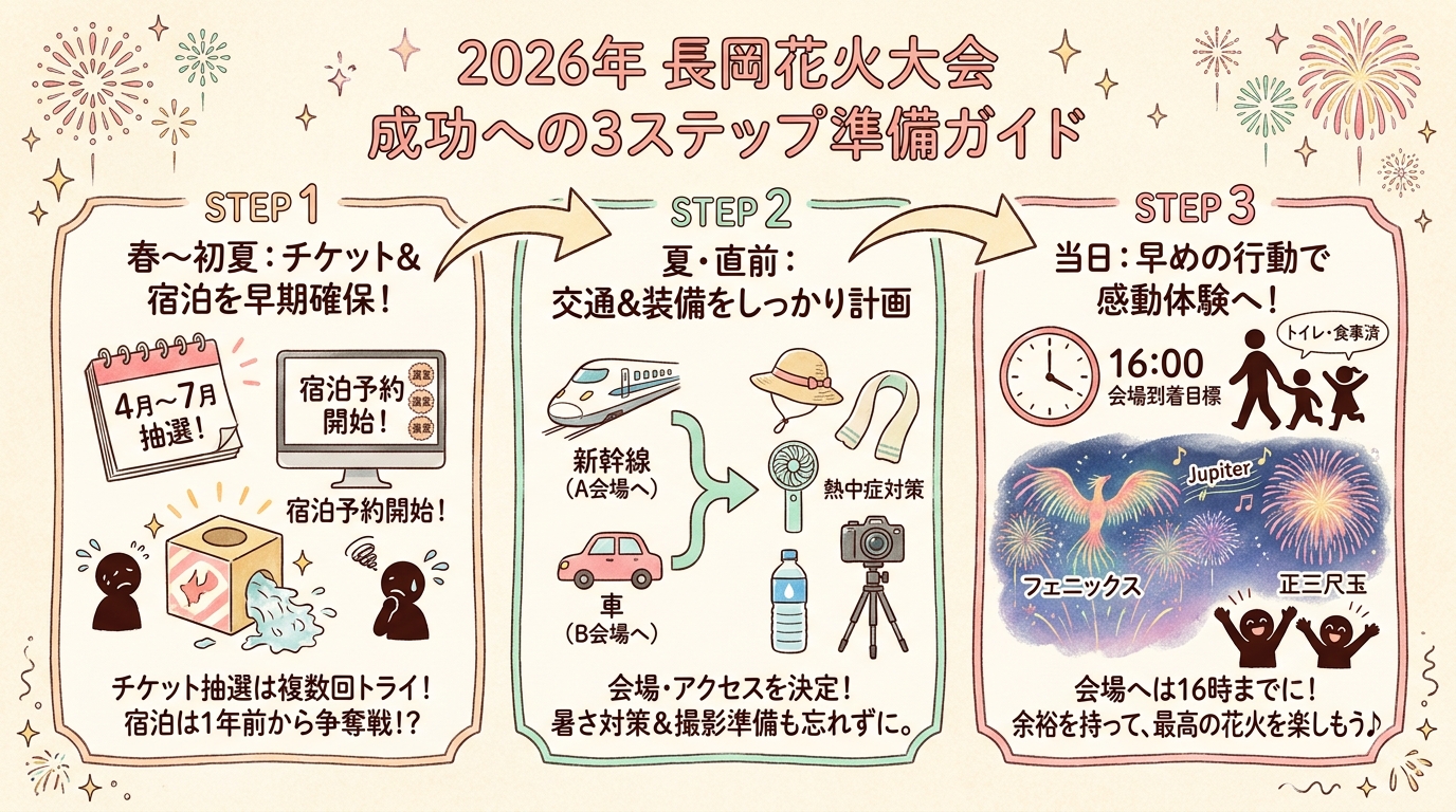 【2026年】長岡花火大会 完全ガイド｜日程・チケット・観覧席・宿泊予約のコツ インフォグラフィック