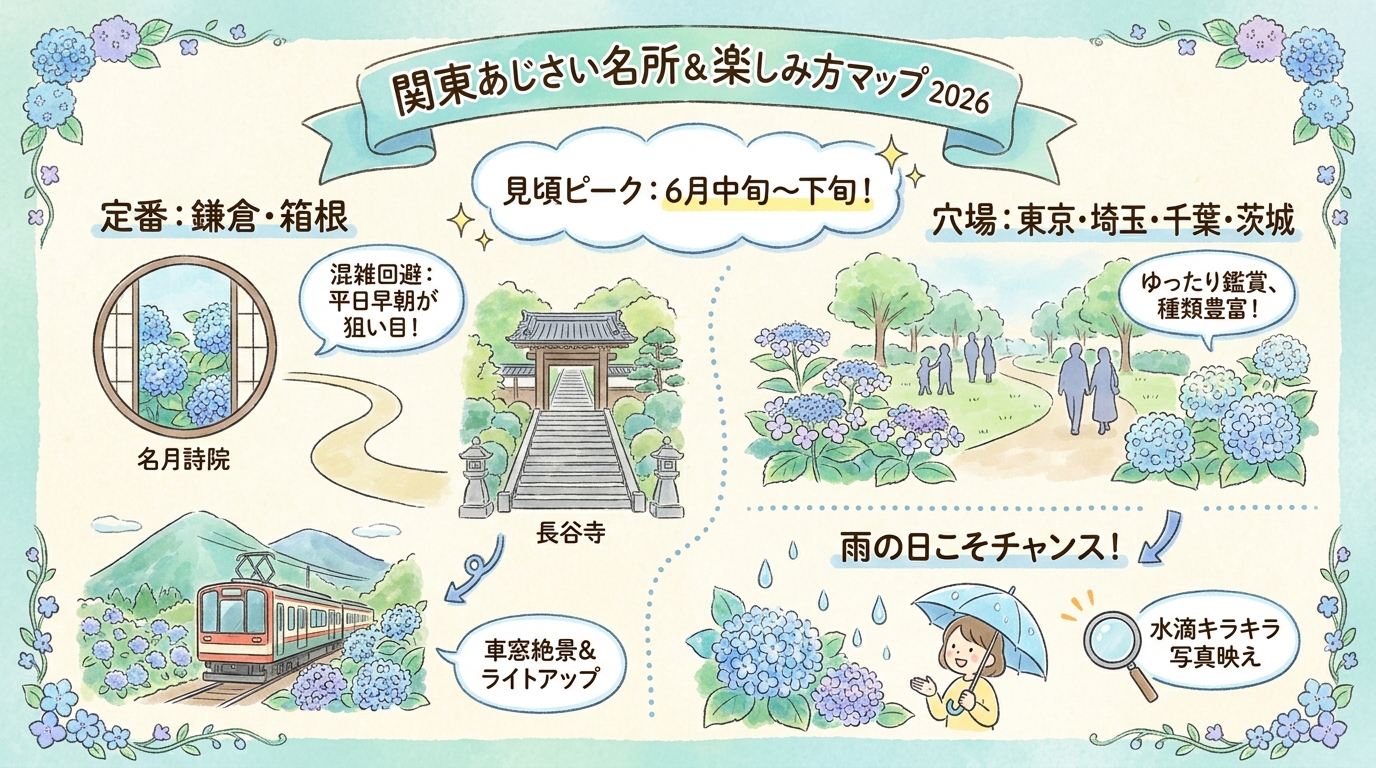 あじさい名所2026関東おすすめ12選｜見頃と穴場 インフォグラフィック