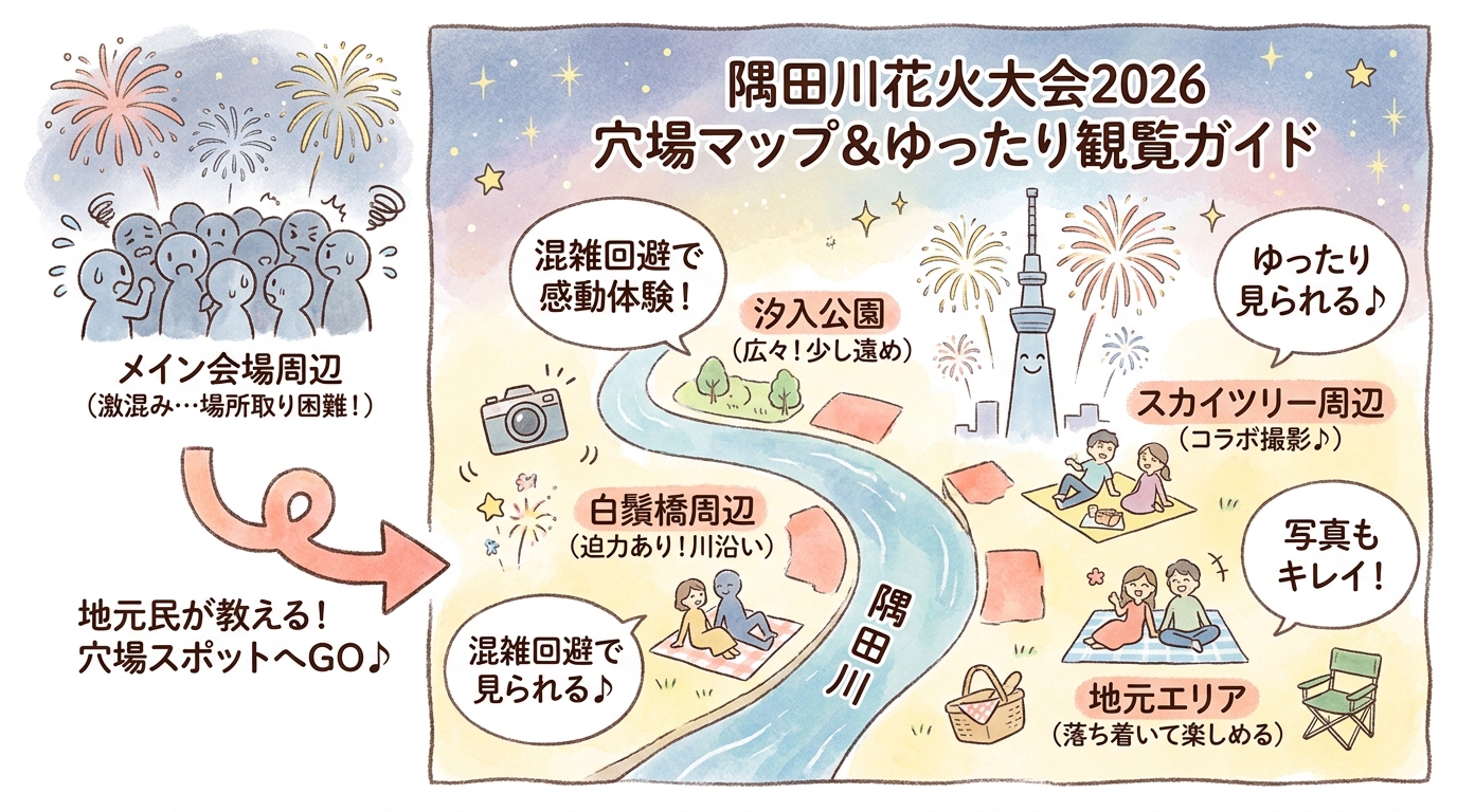 隅田川花火大会2026穴場スポット15選｜地元民が教える最高の観覧ポイント インフォグラフィック