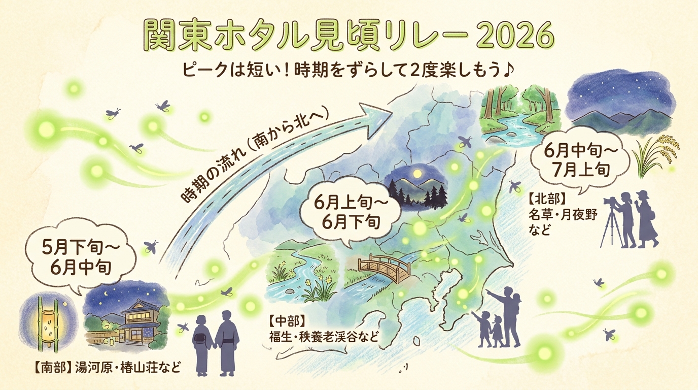 ほたる祭り2026関東おすすめスポット12選|見頃時期と穴場の蛍観賞ガイド インフォグラフィック