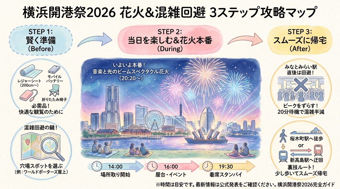横浜開港祭2026完全ガイド|花火の穴場と混雑回避テクニック インフォグラフィック