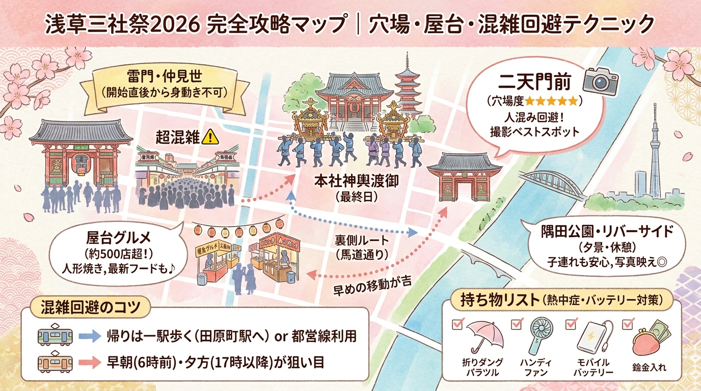 浅草三社祭2026完全ガイド|穴場観覧スポットと屋台・混雑回避テクニック インフォグラフィック