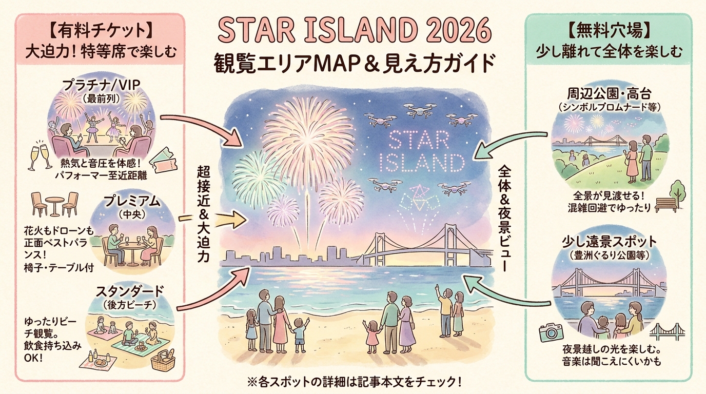 STAR ISLAND 2026お台場花火ガイド｜チケット種類別の見え方と穴場スポット インフォグラフィック