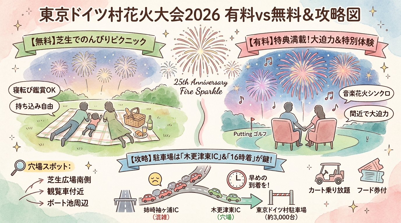 東京ドイツ村花火大会2026穴場と有料席を徹底比較 インフォグラフィック