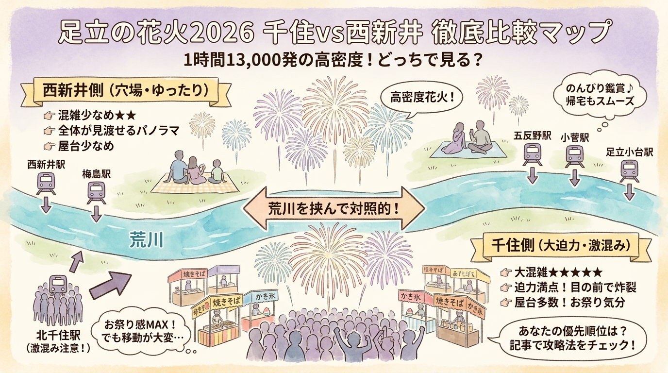 足立の花火2026穴場5選|千住vs西新井を徹底比較 インフォグラフィック