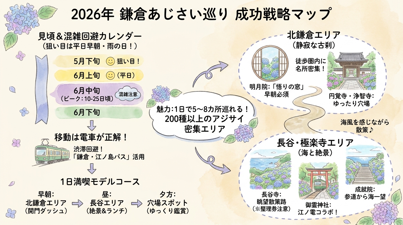 鎌倉あじさい名所2026完全ガイド|穴場スポットと混雑回避の裏ワザ インフォグラフィック