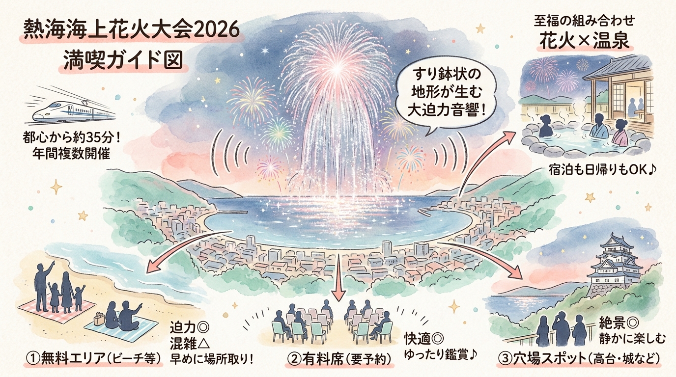 熱海海上花火大会2026完全ガイド|穴場観覧スポットと温泉宿プラン インフォグラフィック