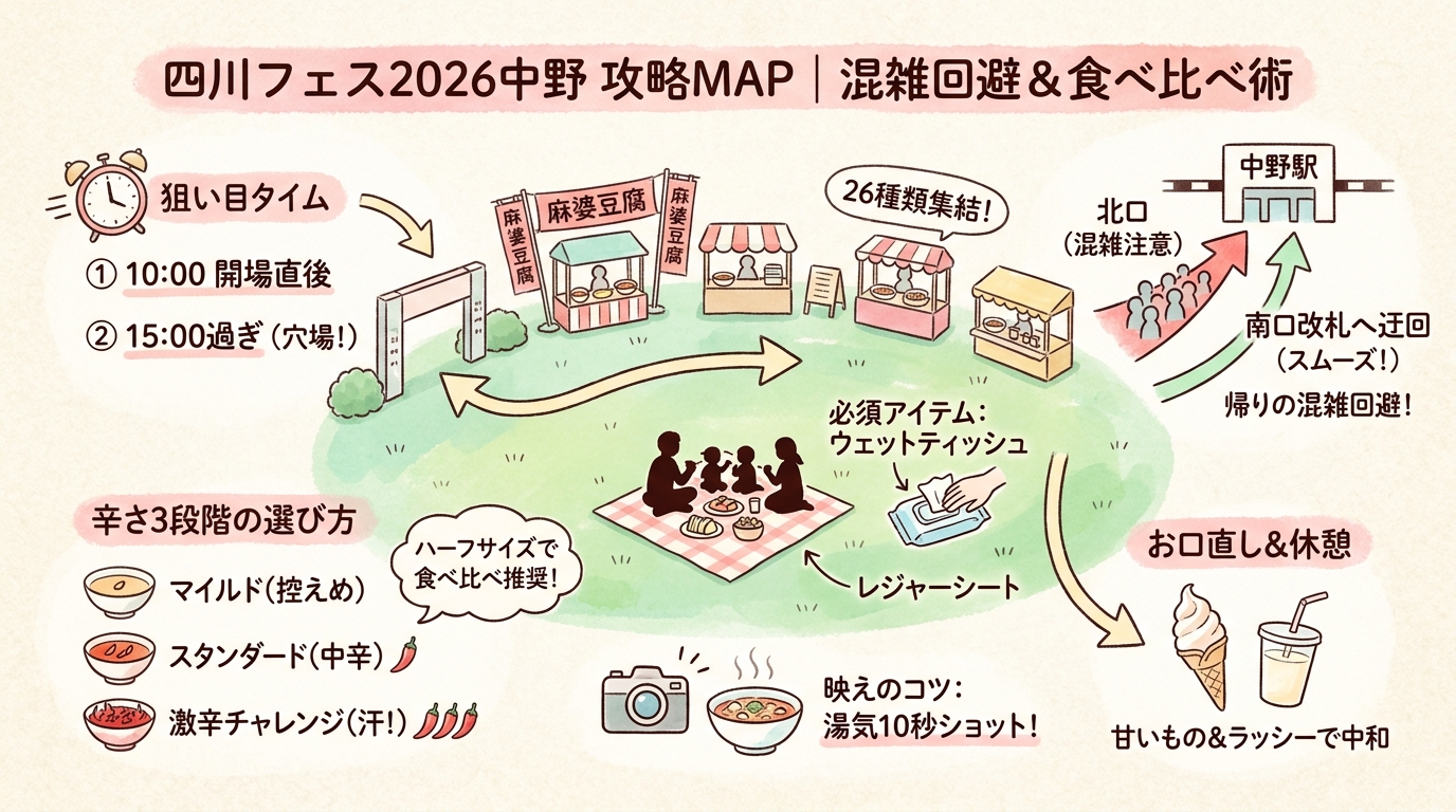 四川フェス2026中野完全ガイド｜混雑回避と人気メニュー攻略 インフォグラフィック
