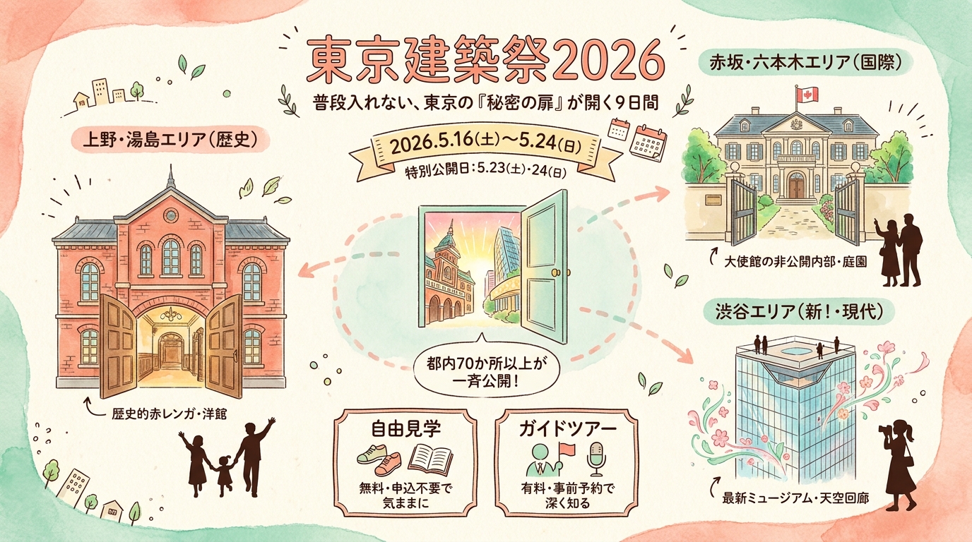 東京建築祭2026完全ガイド｜普段入れない70か所の見どころと回り方 インフォグラフィック