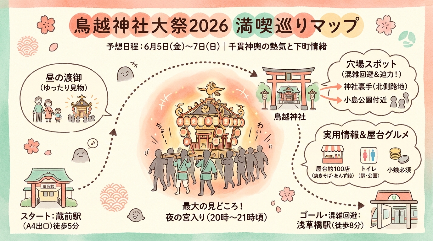 鳥越神社大祭2026完全ガイド|千貫神輿の穴場と見どころ インフォグラフィック