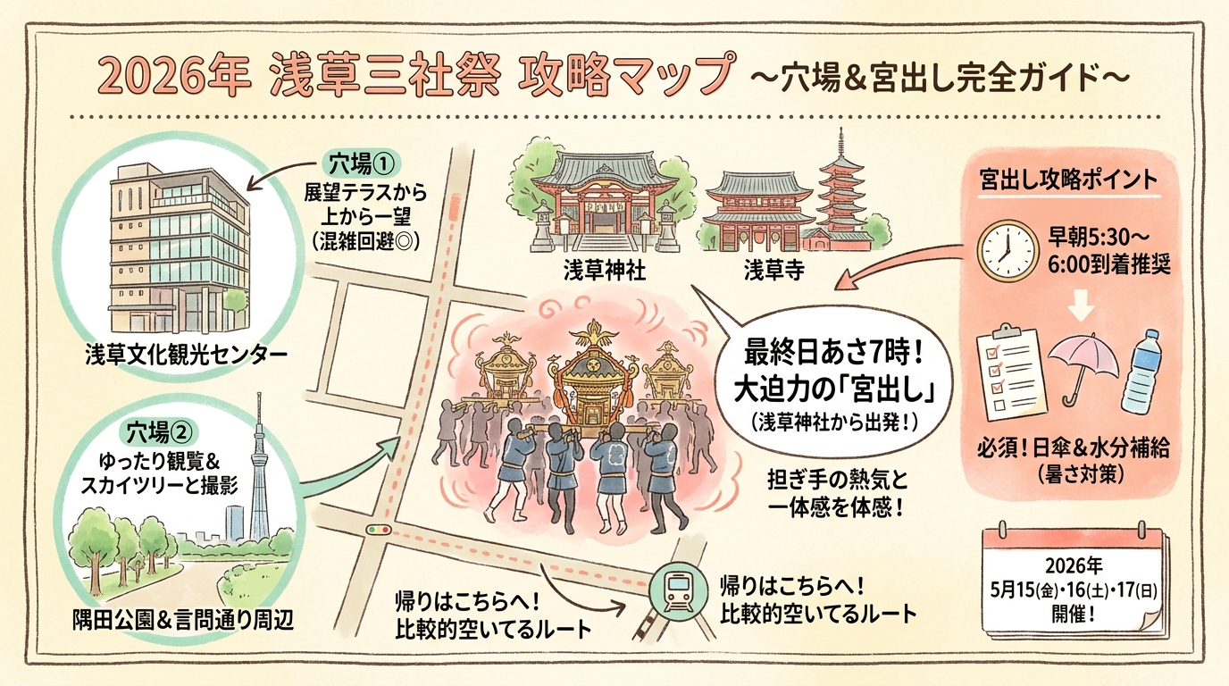 浅草三社祭2026完全ガイド｜穴場観覧スポットと宮出し攻略法 インフォグラフィック