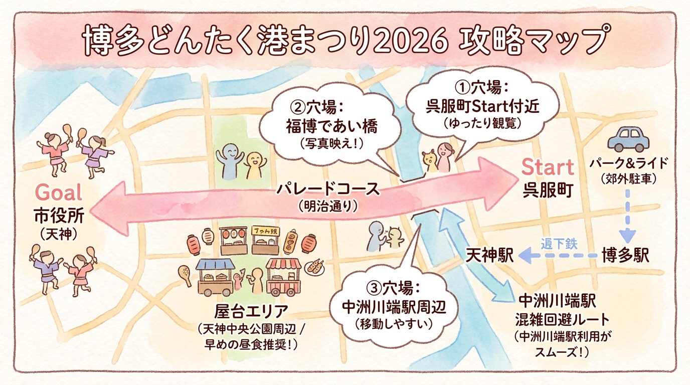 博多どんたく港まつり2026完全ガイド｜パレード攻略と穴場スポット インフォグラフィック