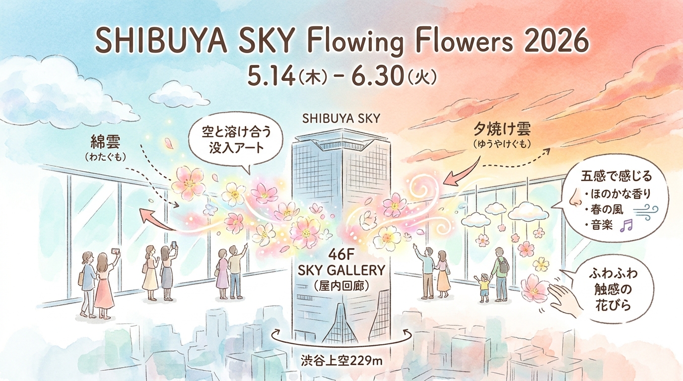 SHIBUYA SKY Flowing Flowers 2026完全ガイド|チケット・見どころ徹底解 インフォグラフィック