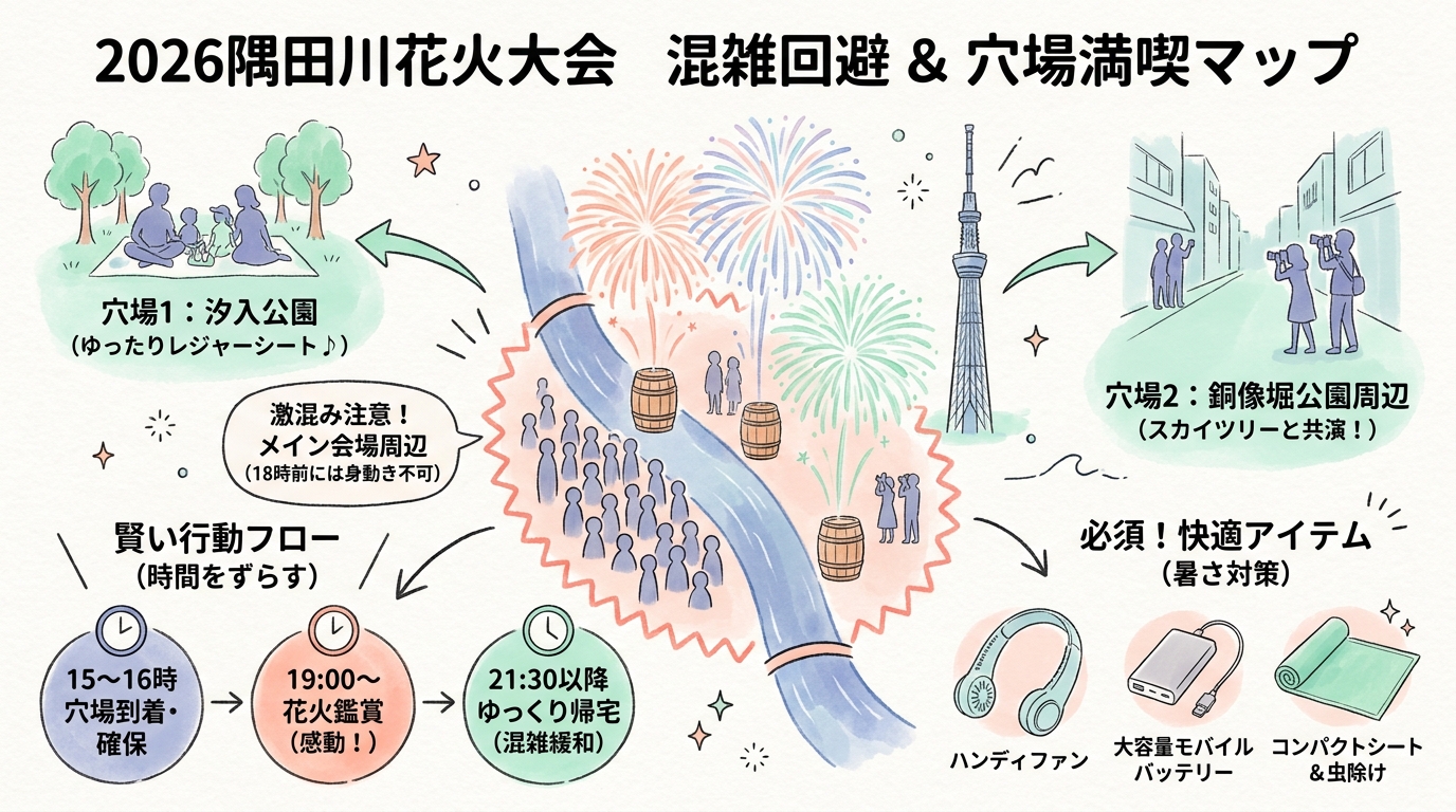 隅田川花火大会2026穴場スポット7選と混雑回避術 インフォグラフィック