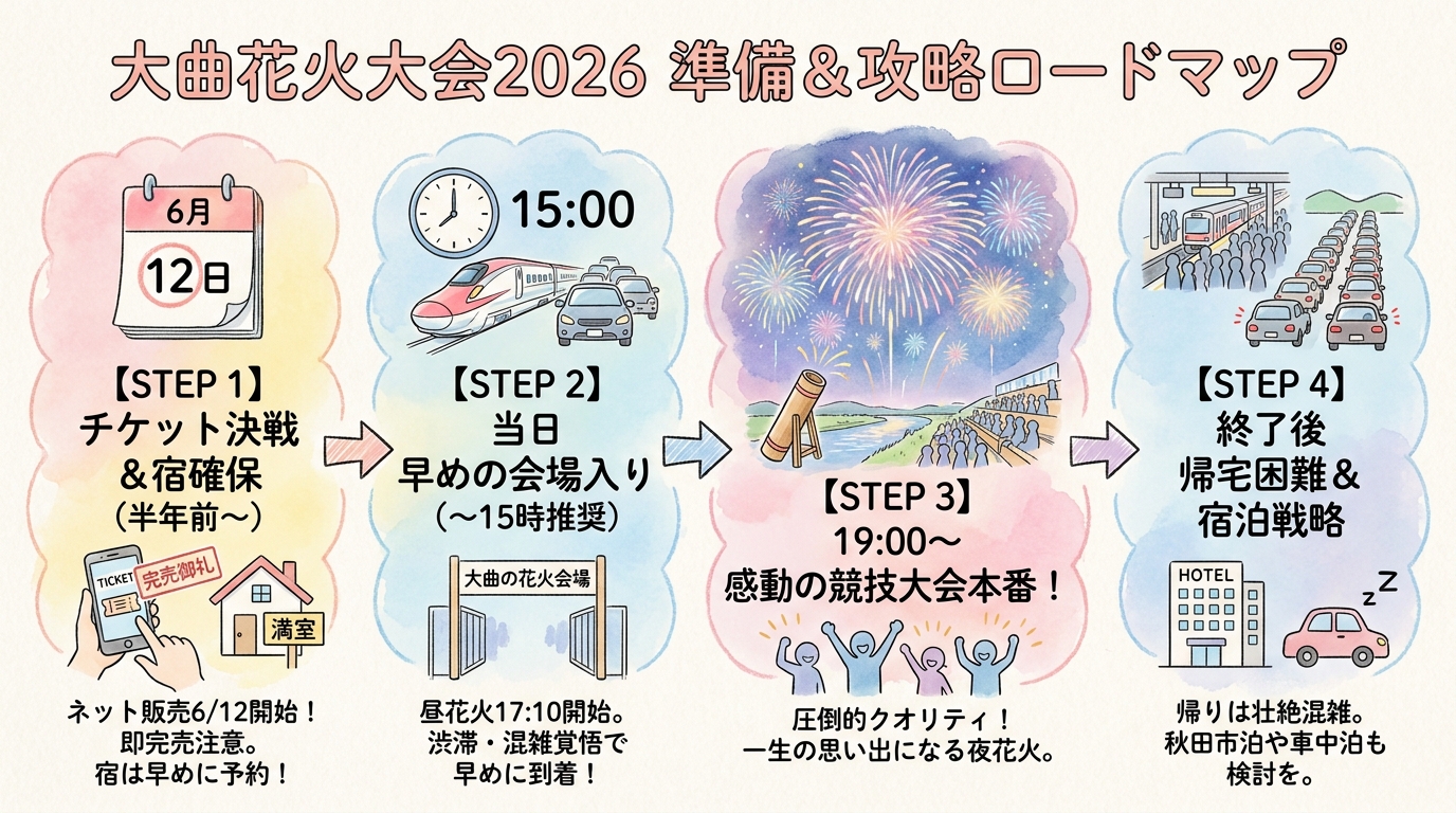 大曲花火大会2026完全ガイド｜桟敷席チケット入手から穴場・宿泊戦略まで インフォグラフィック