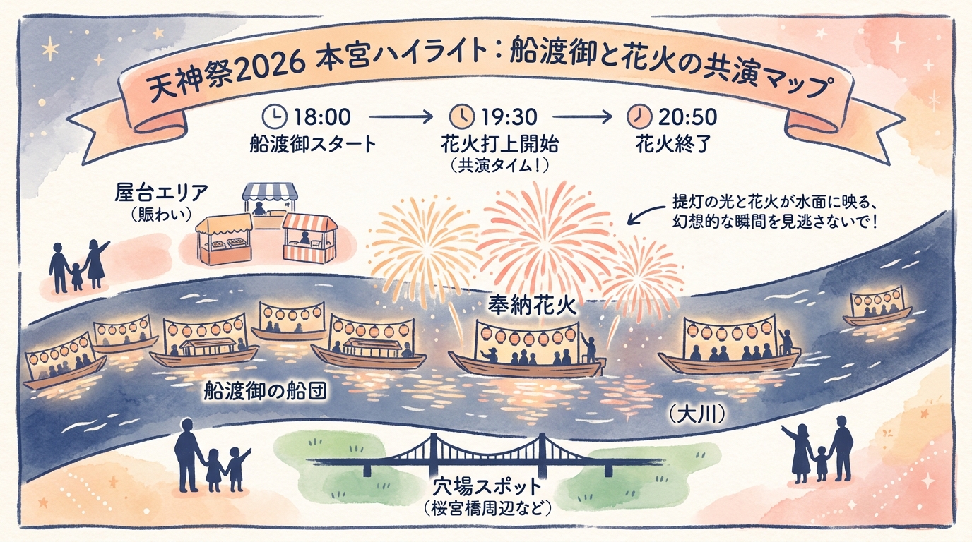 天神祭2026完全ガイド｜船渡御と花火の穴場 インフォグラフィック
