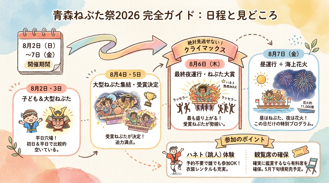 青森ねぶた祭2026完全ガイド|日程と穴場 インフォグラフィック