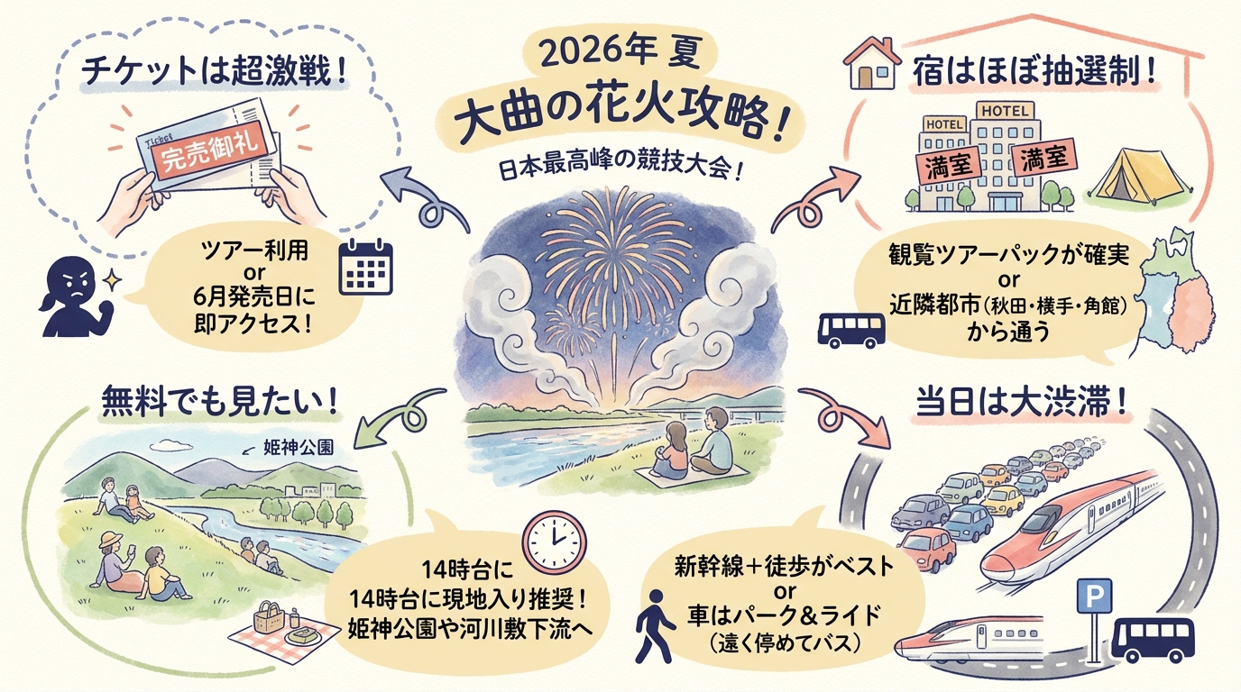 【2026年】大曲の花火 完全ガイド｜チケット・穴場・アクセス・宿泊 インフォグラフィック