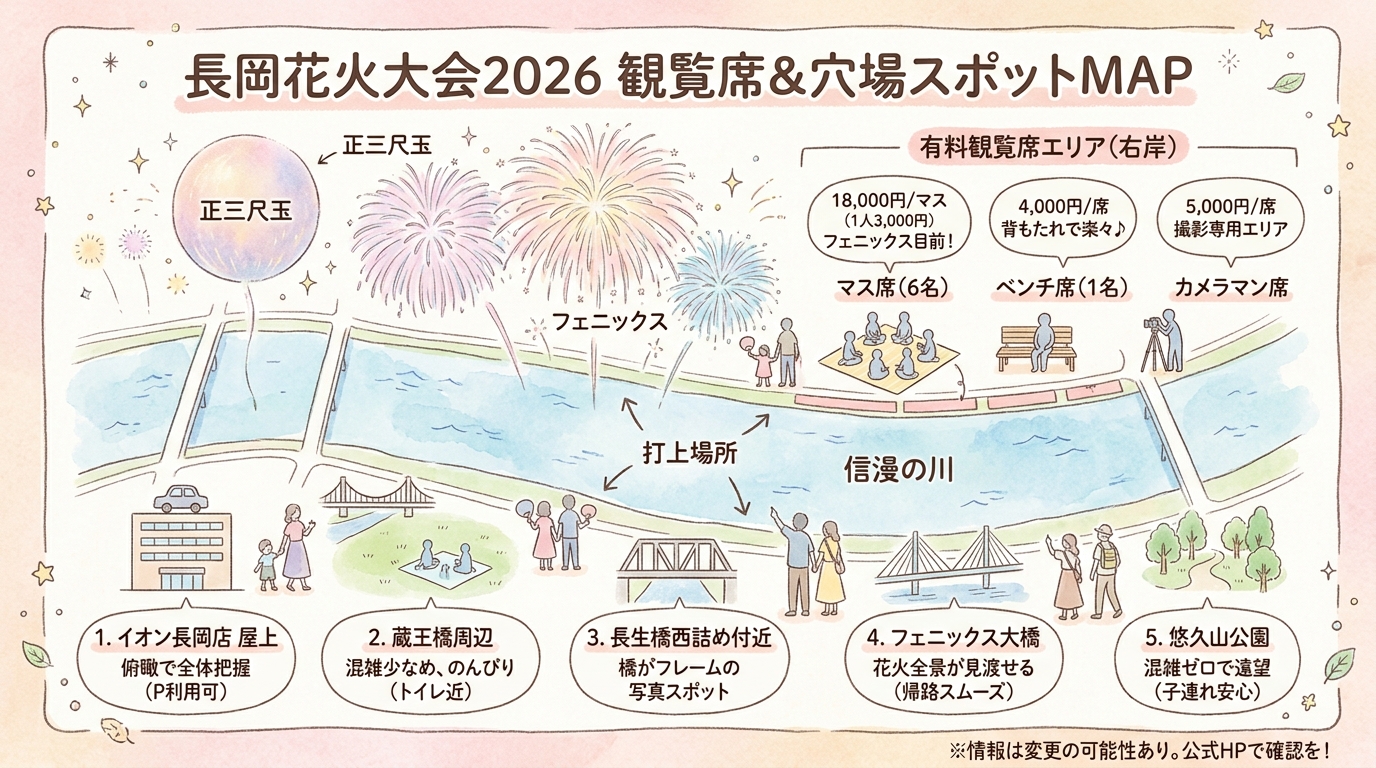 長岡花火大会2026完全ガイド｜観覧席と穴場スポット インフォグラフィック