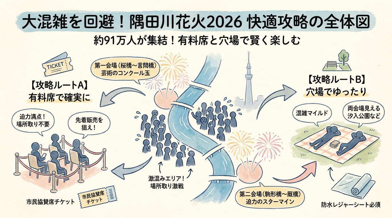 隅田川花火大会2026穴場8選｜有料席比較と混雑回避の全攻略 インフォグラフィック