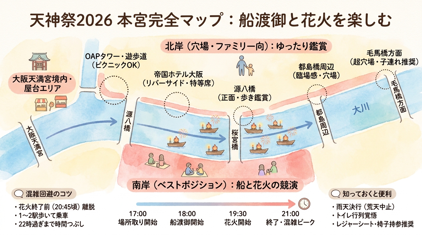 天神祭2026完全ガイド｜船渡御と花火の穴場 インフォグラフィック