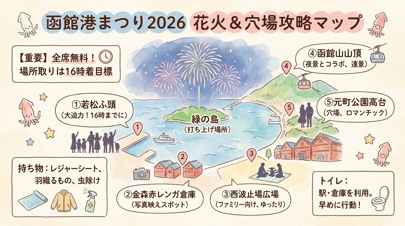 函館港まつり2026完全ガイド｜花火と穴場 インフォグラフィック