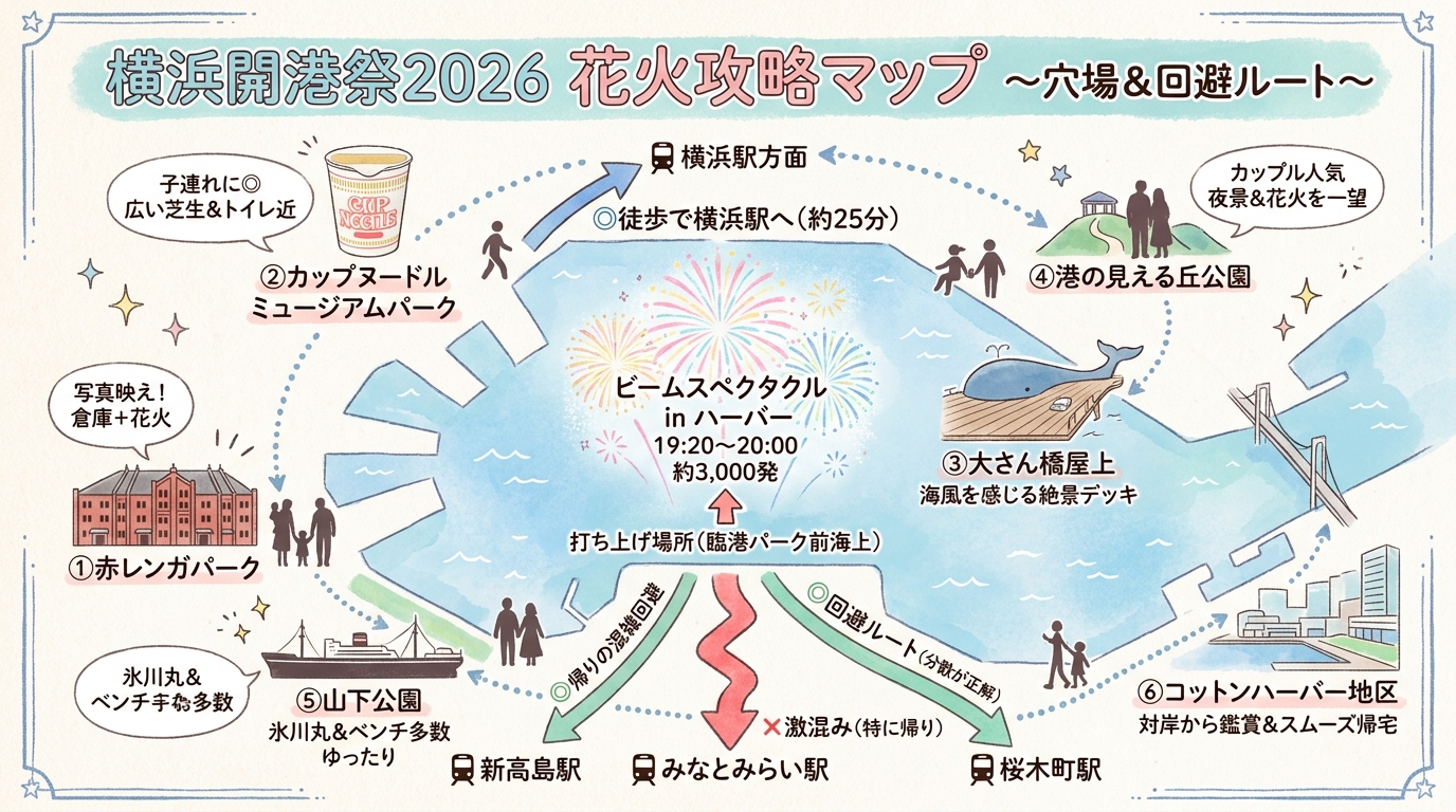 横浜開港祭2026花火ガイド｜穴場6選と混雑回避ルート インフォグラフィック