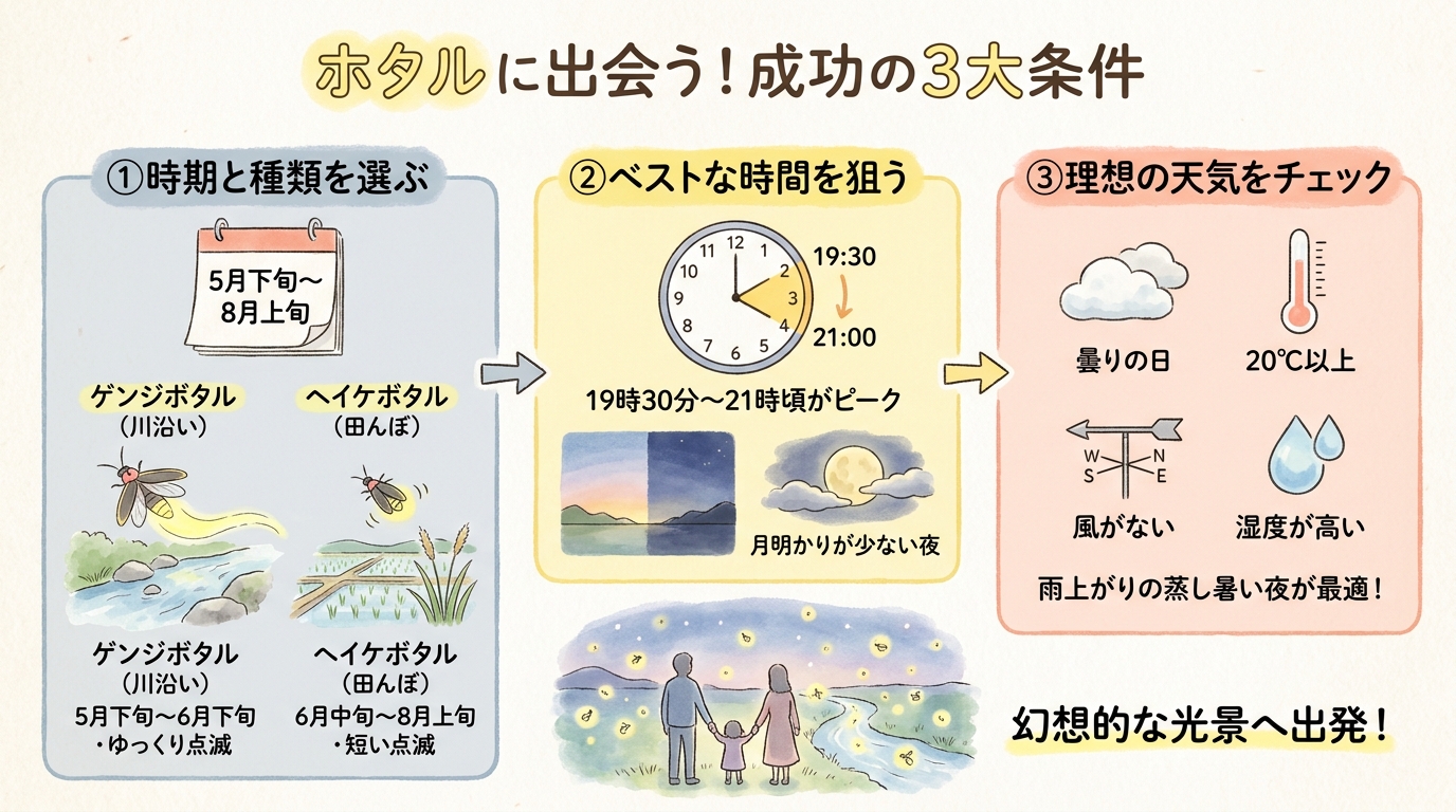 ホタル鑑賞スポットおすすめ8選2026｜見頃時期と穴場ガイド インフォグラフィック