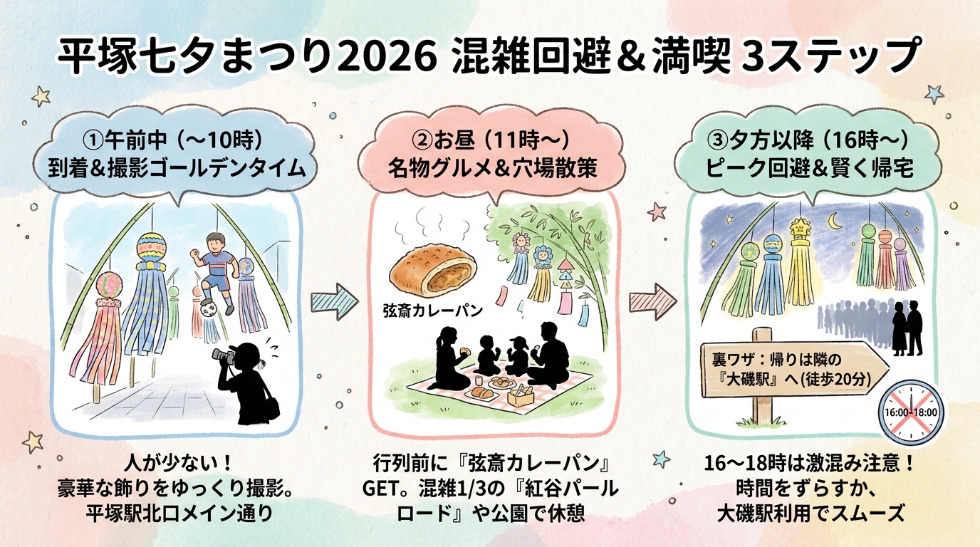 平塚七夕まつり2026完全ガイド｜穴場と屋台情報 インフォグラフィック