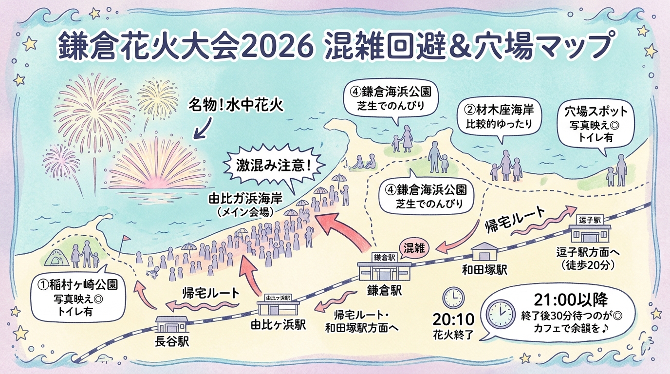 鎌倉花火大会2026穴場8選|場所取りと混雑回避の完全ガイド インフォグラフィック