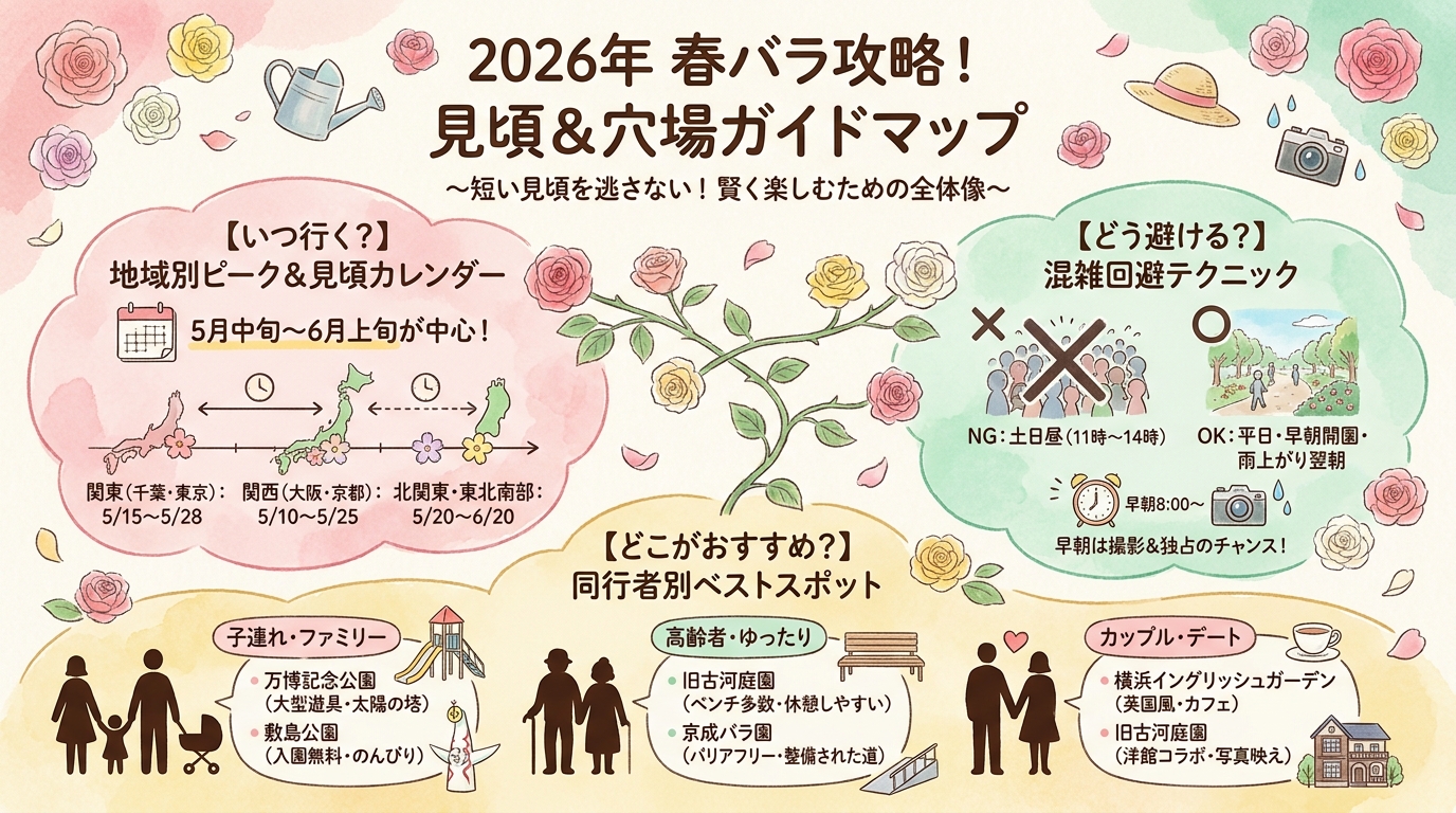 春バラの名所おすすめ8選｜見頃と穴場ガイド インフォグラフィック
