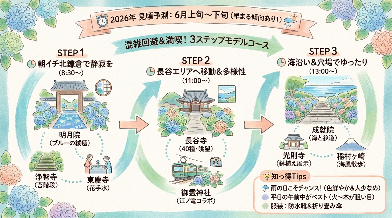 鎌倉あじさい名所8選2026｜見頃と穴場の完全ガイド インフォグラフィック
