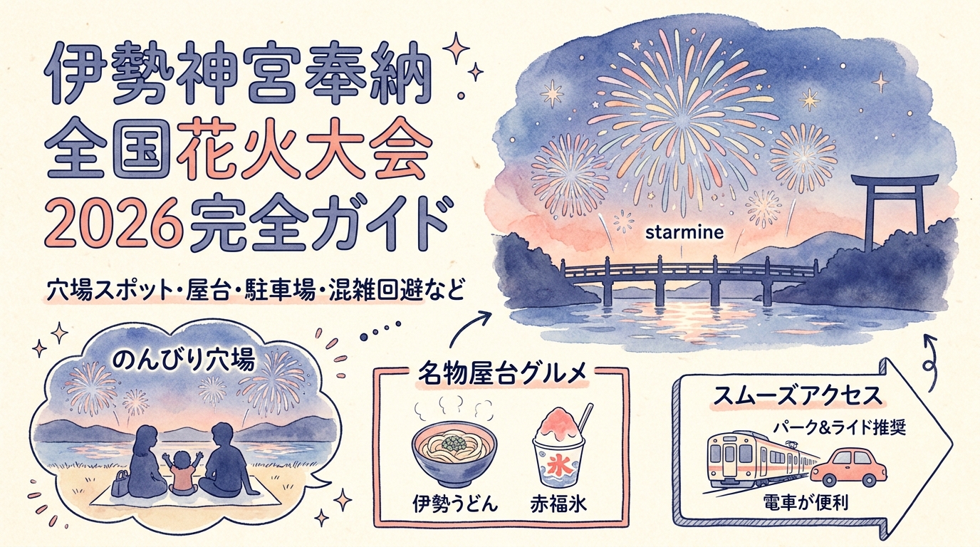 伊勢神宮奉納全国花火大会2026完全ガイド 穴場スポット・屋台・駐車場・混雑回避など アイキャッチ（PC用）