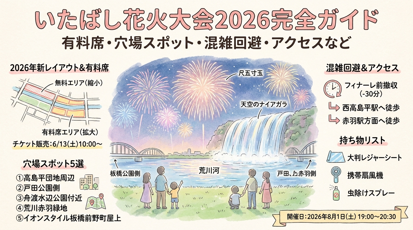 いたばし花火大会2026完全ガイド 有料席・穴場スポット・混雑回避・アクセスなど アイキャッチ（PC用）