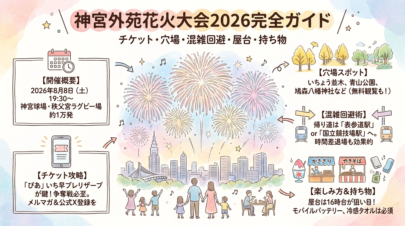 神宮外苑花火大会2026完全ガイド チケット・穴場スポット・混雑回避・屋台など アイキャッチ（PC用）