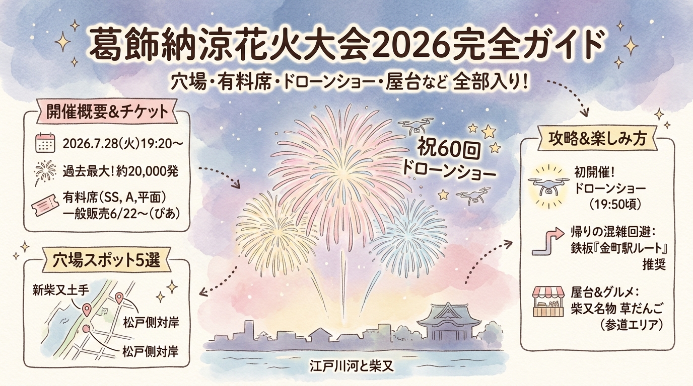 葛飾納涼花火大会2026完全ガイド 穴場スポット・有料席チケット・ドローンショー・屋台など アイキャッチ（PC用）