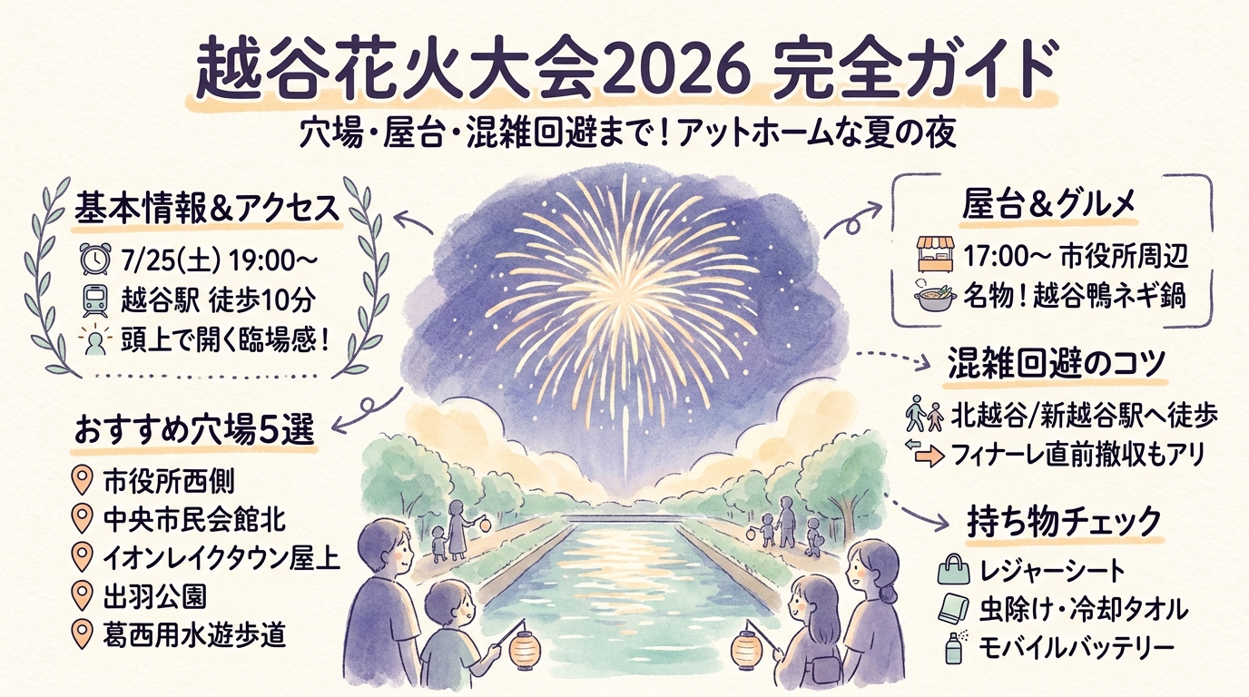 越谷花火大会2026完全ガイド 穴場スポット・屋台・アクセス・混雑回避など アイキャッチ（PC用）