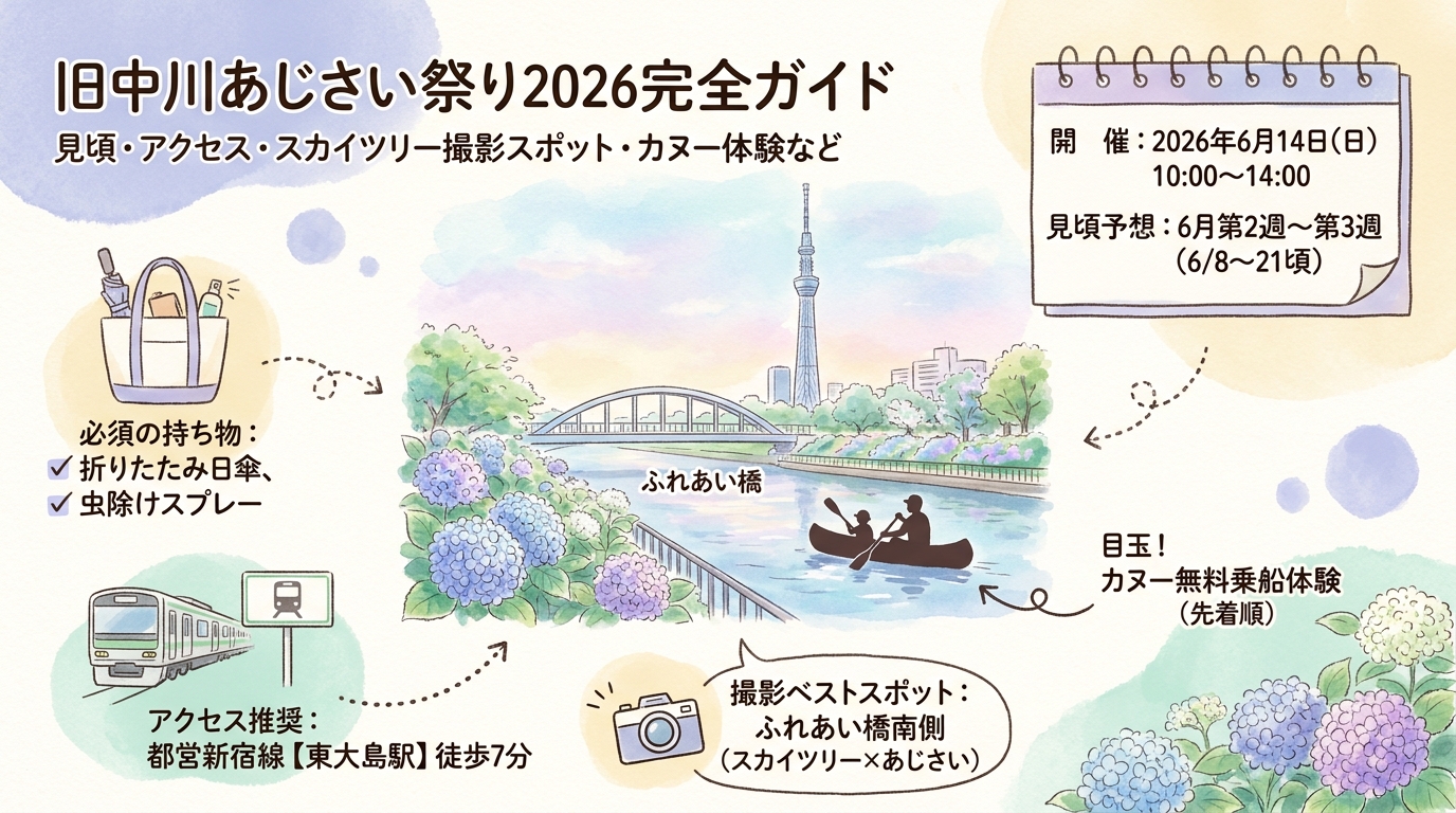 旧中川あじさい祭り2026完全ガイド 見頃・アクセス・スカイツリー撮影スポット・カヌー体験など アイキャッチ（PC用）