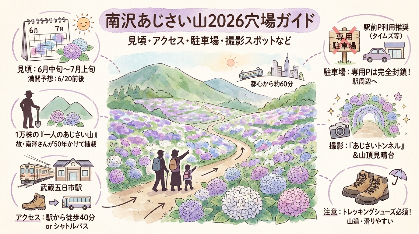 南沢あじさい山2026穴場ガイド 見頃・アクセス・駐車場・撮影スポットなど アイキャッチ（PC用）