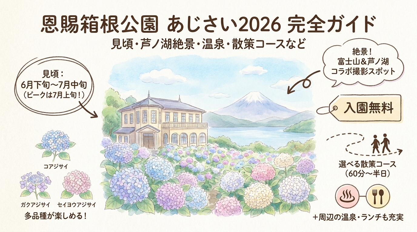 恩賜箱根公園あじさい2026完全ガイド 見頃・芦ノ湖絶景・温泉・散策コースなど アイキャッチ（PC用）