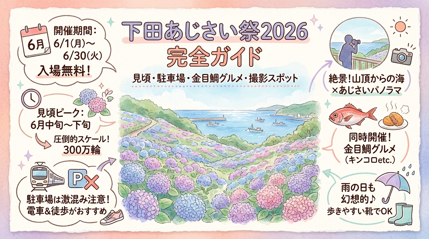 下田あじさい祭2026完全ガイド 見頃・駐車場・金目鯛グルメ・撮影スポットなど アイキャッチ（PC用）